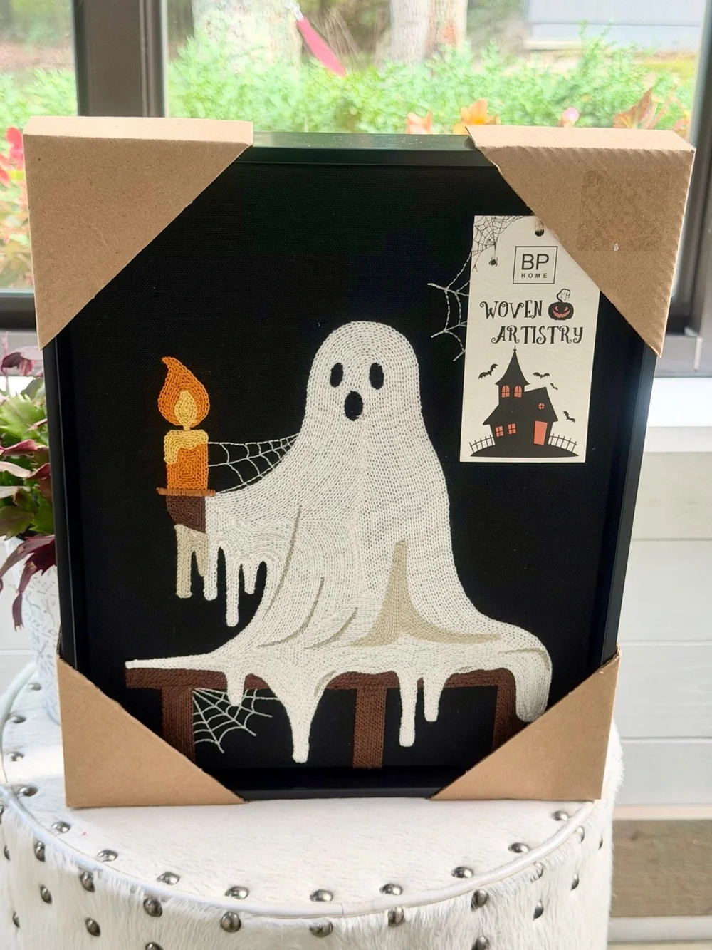 BP Home Halloween Ghost Embroidered Wall Art 12x15 Black White Candle Cobweb NWT